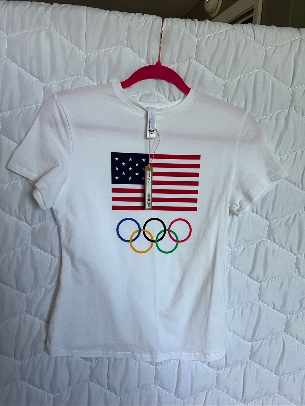 SKIMS White Short Sleeve Tee with USA Flag & Olympic Rings